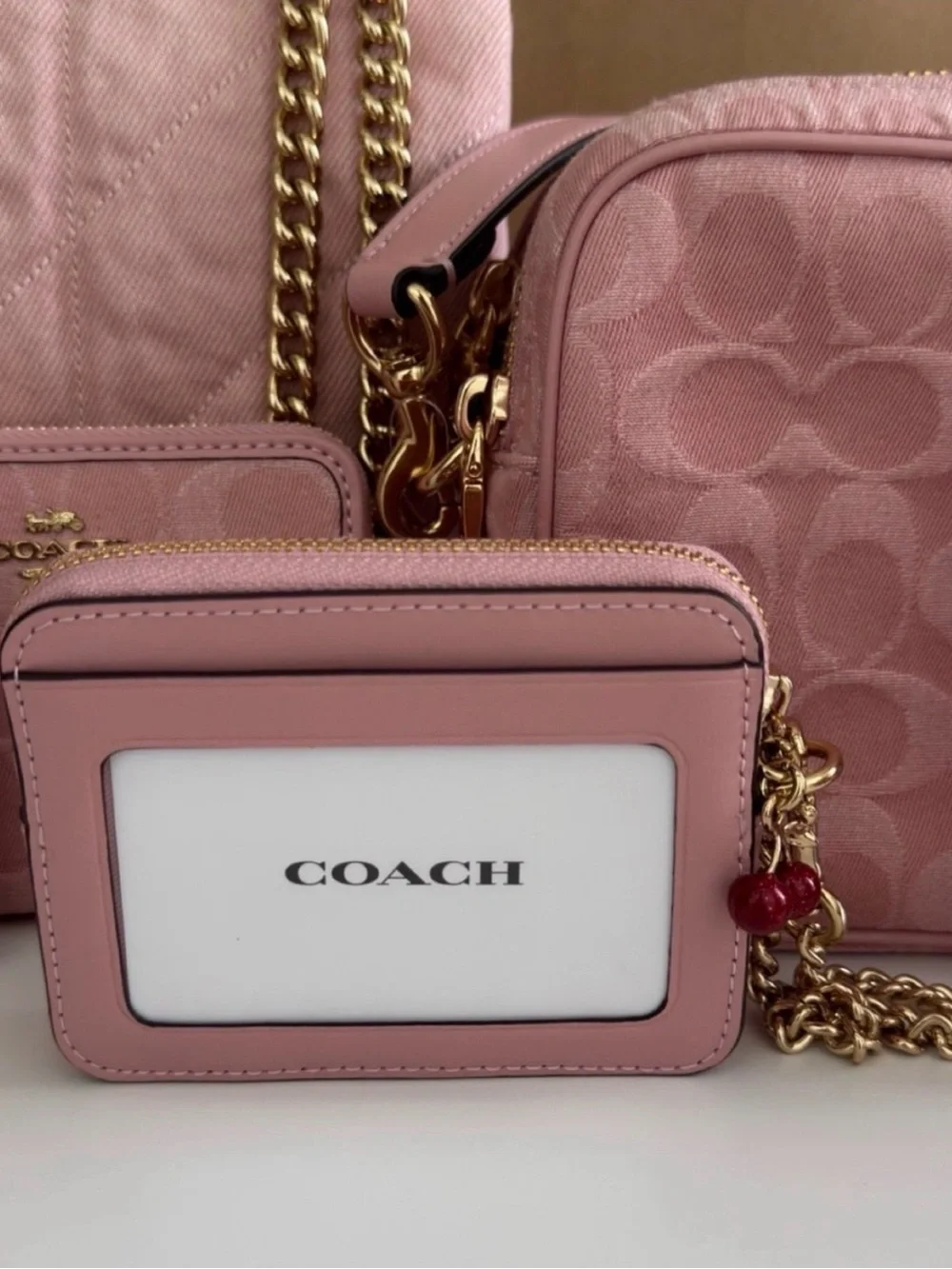 Coach Zip Card Case In Signature pink  Denim With Charm